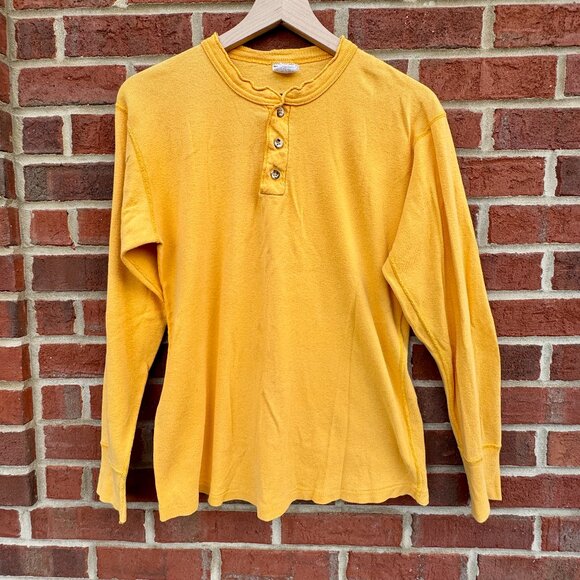 Vintage Thermal Henley Shirt Mens Large Yellow Long Sleeve 3 Button - Picture 1 of 8